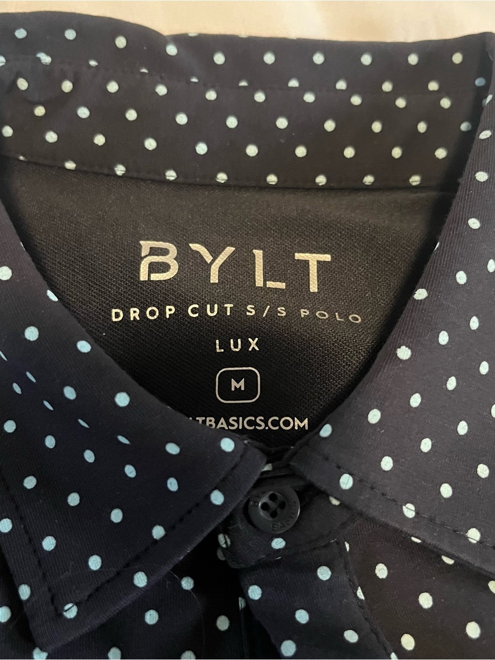 BYLT Drop Cut S/S Lux Navy Polka Dot Polo Shirt - Picture 2 of 3